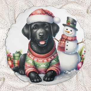 Labrador Retriever Dog Holiday Snowman Puppy Rundes Kissen