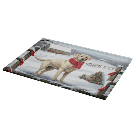 Labrador Retriever Dog in Schnee Weihnachten Schneidebrett (Ecke)