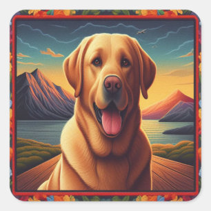 Labrador Retriever Dog Landscape Floral dekorativ Quadratischer Aufkleber