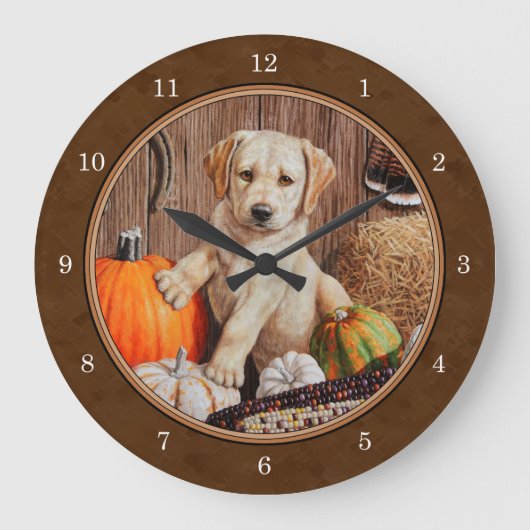 Labrador Retriever Dog & Pumpkins Brown Große Wanduhr (Vorderseite)