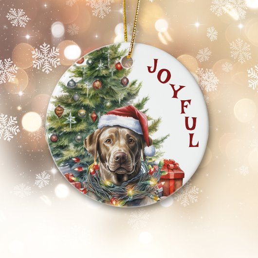 Labrador Retriever Dog Wrag in Weihnachtslicht Keramik Ornament