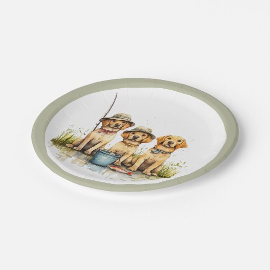 Labrador Retriever Hunde Fischen Pappteller (Schrägansicht)