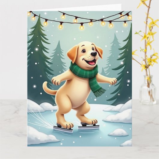 Labrador Retriever Ice Skating Christmas Painting Karte (Gelbe Blume)