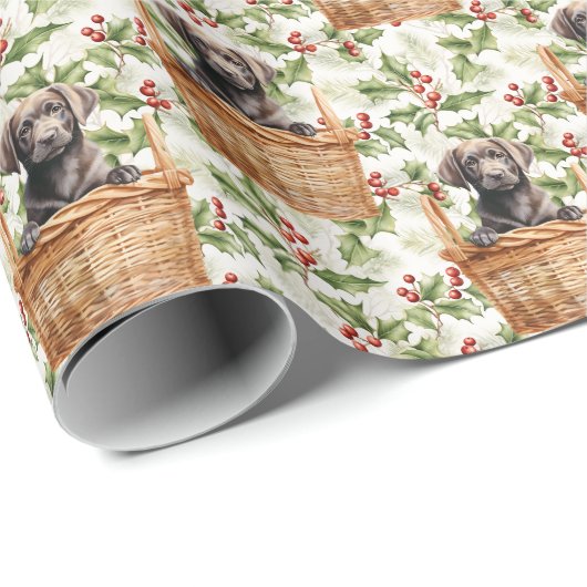 Labrador Retriever Puppy Basket Christmas Holly Geschenkpapier (Rolleneckpunkt)