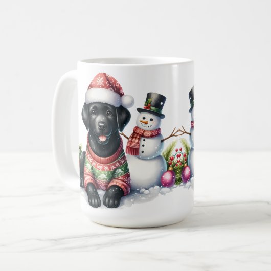 Labrador Retriever Puppy Dog & Snowman Weihnachten Kaffeetasse (Vorderseite Links)