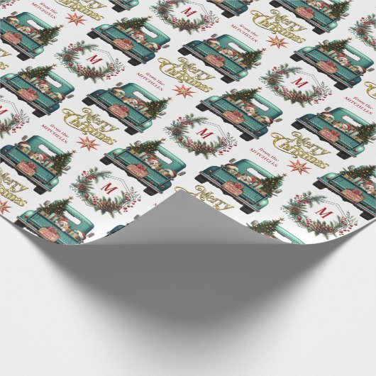 Labrador Retriever Puppy Retro Truck Monogram Geschenkpapier (Ecke)