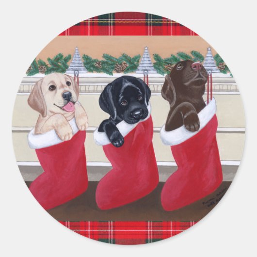 Labrador Retriever Welpen Weihnachtsmalerei Runder Aufkleber (Vorderseite)