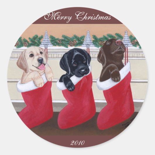 Labrador Retriever Welpen Weihnachtsmalerei Runder Aufkleber (Vorderseite)