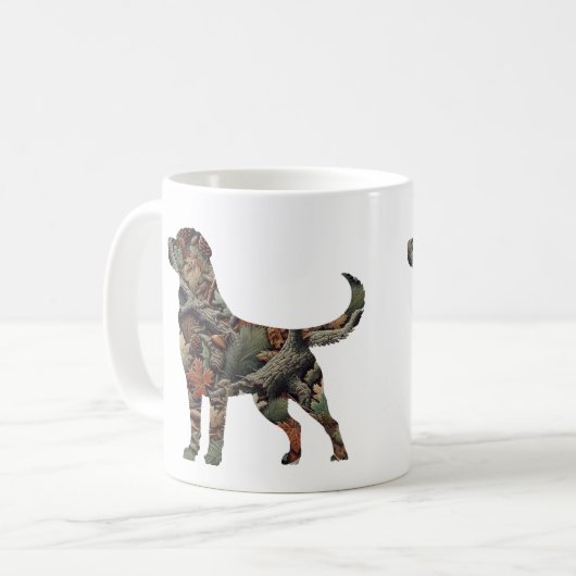 Labrador Throw Kissen mit Camouflage Kaffeetasse (Vorderseite Links)