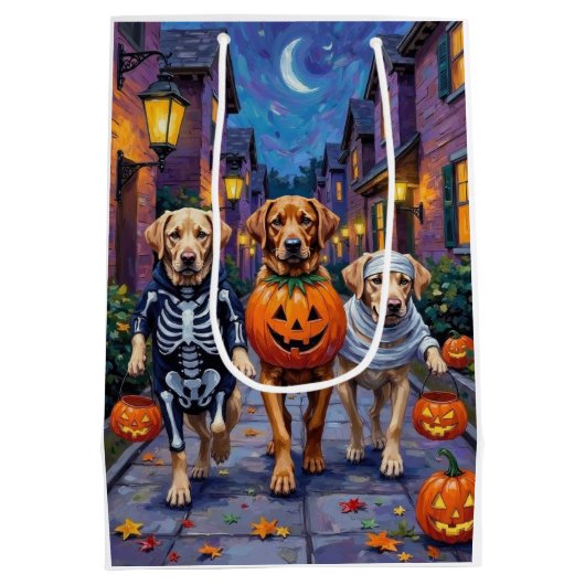 Labrador Trick-or-Treating in Halloween-Kostümen Mittlere Geschenktüte (Rückseite)