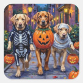 Labrador Trick-or-Treating in Halloween-Kostümen Quadratischer Aufkleber (Vorderseite)