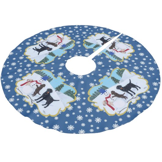 Labrador-Weihnachten mit Schneemann Polyester Weihnachtsbaumdecke (Schrägansicht)