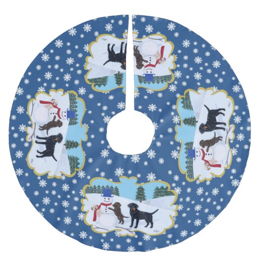 Labrador-Weihnachten mit Schneemann Polyester Weihnachtsbaumdecke (Vorderseite)