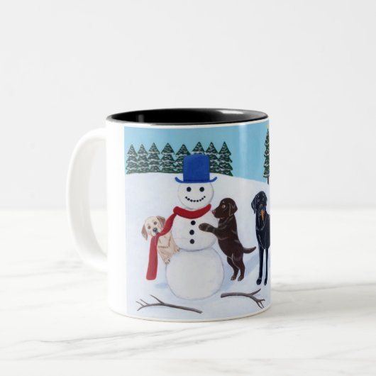 Labrador-Weihnachten mit Schneemann Zweifarbige Tasse (Vorderseite Links)