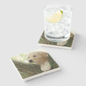 Labrador-Welpe, der in einer Waldeinstellung sitzt Steinuntersetzer (Seitenansicht)