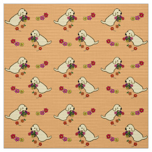 Labrador-Welpen-Blumen-Korb-Cartoon Stoff