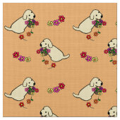 Labrador-Welpen-Blumen-Korb-Cartoon Stoff (Nahaufnahme)