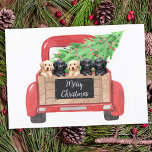 Labrador Welppies Personalisiert Red Christmas Tru Mitteilungskarte<br><div class="desc">Schick Weihnachten Grüße in dieser Feriensaison mit diesem schwarz-gelben Labrador Retriever Welpen in einem Aquarelldesign. Diese schwarze Labrador-Urlaubskarte enthält fünf Labrador-Jungtiere in einem Aquarell-Truck mit Weihnachtsbaum. Personalisieren Sie mit Grußfront und Nachricht zurück. Diese schwarze Labrador Weihnachtskarte wird bei Schwarzarbeiterliebhabern, gelbe Labradore, Hundefreunden und Tierfreunden beliebt sein. Besuchen Sie unsere Kollektion...</div>