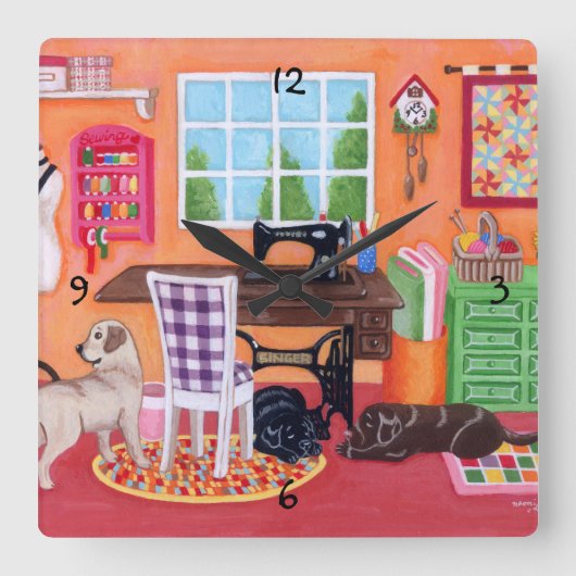 Labradoren in der Nähraummalerei der Mama Quadratische Wanduhr (Vorderseite)