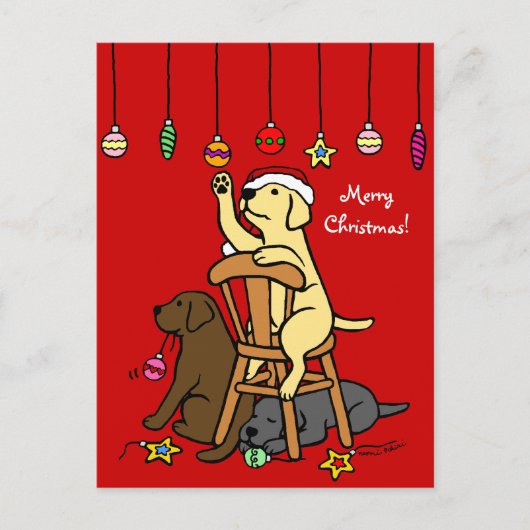 Labradoren und Weihnachtsschmuck Cartoon Feiertagspostkarte (Vorderseite)