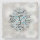 Labradorit Namaste Wort-Kunst in Lotus mit OM Steinuntersetzer (Vorderseite)