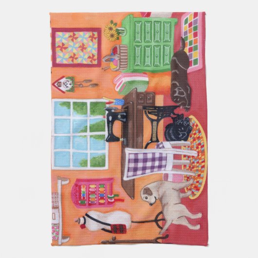 Labradors in der nähende Raum-der Malerei der Mama Geschirrtuch (Vertikal)