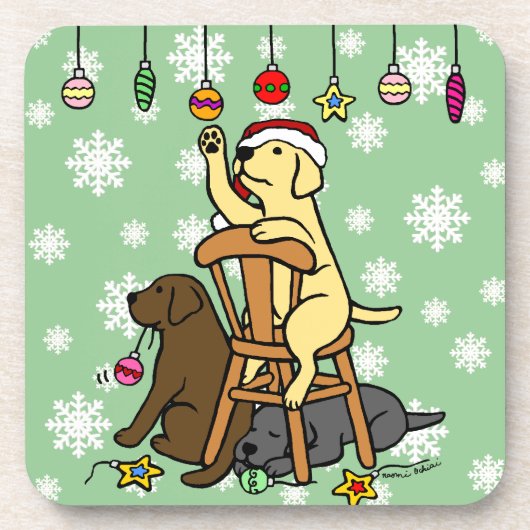 Labradors und Weihnachtsverzierungs-Cartoon Getränkeuntersetzer (Vorderseite)