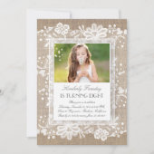 Lace and Burlap Vintag Elegante Foto Geburtstag Einladung (Vorderseite)