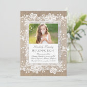 Lace and Burlap Vintag Elegante Foto Geburtstag Einladung (Stehend Vorderseite)