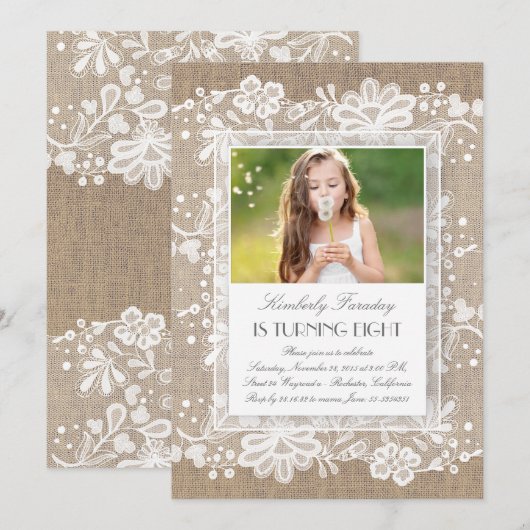 Lace and Burlap Vintag Elegante Foto Geburtstag Einladung (Vorne/Hinten)