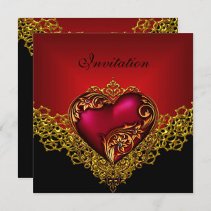Lace Black Gold Deep Red Heart Jewel Party Einladung