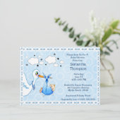 Lace Blue Stork Baby Boy Dusche Einladung (Stehend Vorderseite)