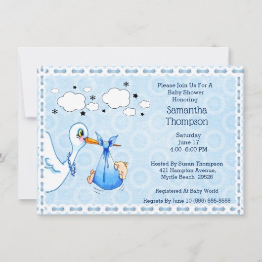 Lace Blue Stork Baby Boy Dusche Einladung (Vorderseite)