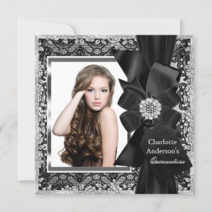 Lace & Bow Silber Schwarze Quinceanera-Party-Einla Einladung