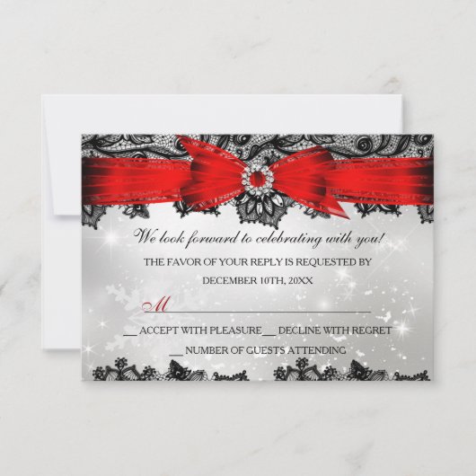 Lace & Bow Silver Red Christmas Holiday UAWG RSVP Karte (Vorderseite)