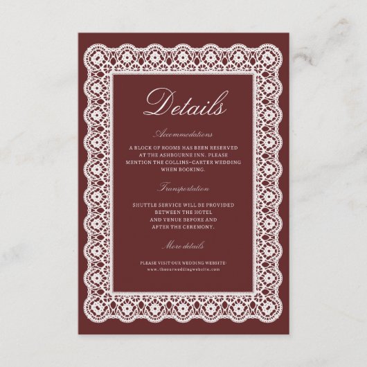 Lace Burgundy Wedding Details Enclosure Card Begleitkarte (Vorderseite)