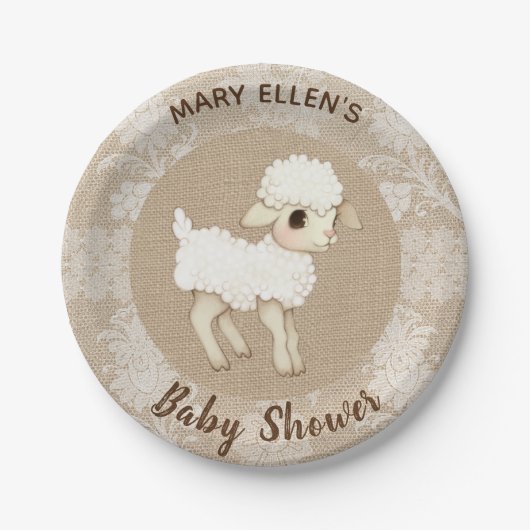 Lace Burlap Little Lamb Baby Shower Papierplatte Pappteller (Vorderseite)