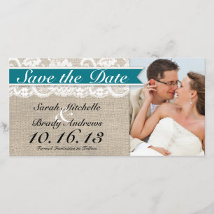 Lace & Burlap Look Save the Date - Türkis