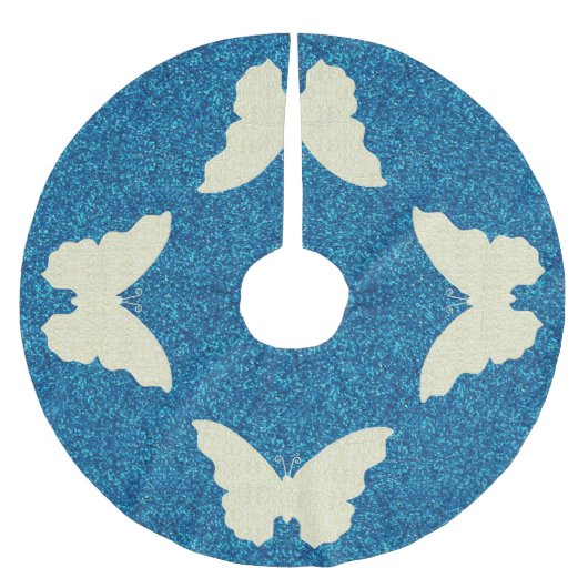 Lace Butterfly On Blue Glitzer Tree Skirt Polyester Weihnachtsbaumdecke (Vorderseite)