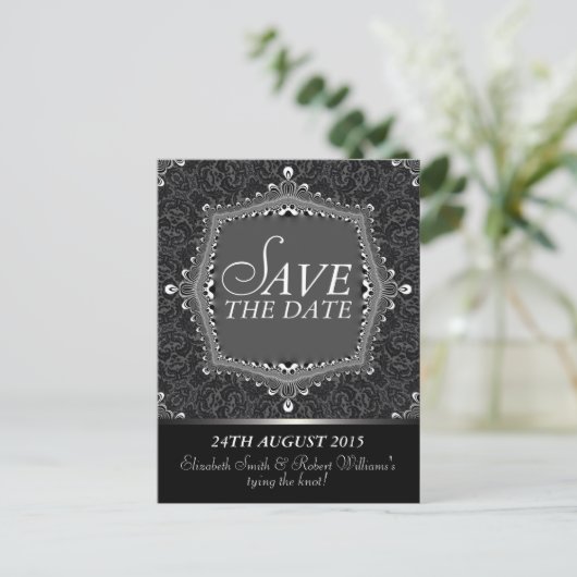 Lace Damask Gothic Save the Date Black Postcard Ankündigungspostkarte (Stehend Vorderseite)
