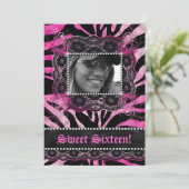 Lace Diamonds Sweet 16 Birthday Grad Zebra Pink Einladung (Stehend Vorderseite)