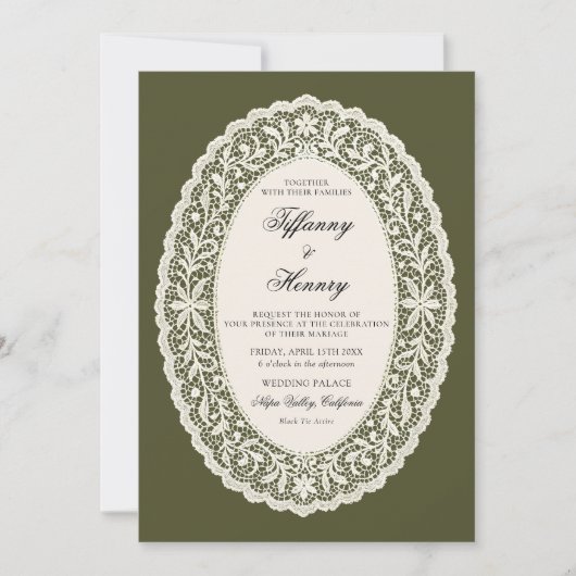 Lace Doily Olive Green Wedding Invitation Einladung (Vorderseite)