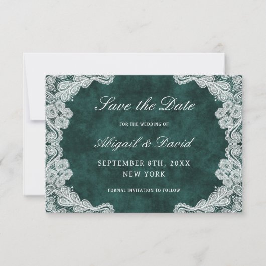 Lace Emerald Green Velvet Hochzeit speichern das D Save The Date (Vorderseite)