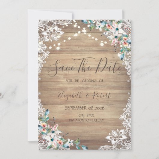 Lace Flowers Wood Texture, Lights Save The Date (Vorderseite)