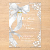 Lace Gold Cross Baptism White Bow Acryleinladungen (Vorderseite)