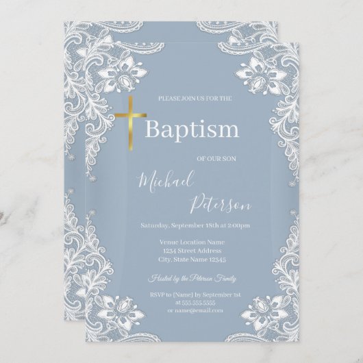 Lace Gold Cross Taufe Dusty Blue Einladung (Vorne/Hinten)