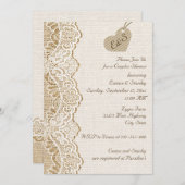 Lace & heart auf burlap Hochzeitspaare Dusche Einladung (Vorne/Hinten)