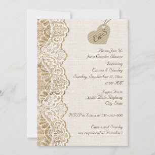 Lace & heart auf burlap Hochzeitspaare Dusche Einladung