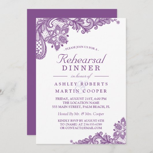 Lace Lavender Lila | Hochzeitsessen Probe Einladung (Vorne/Hinten)