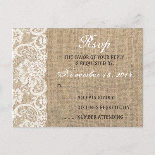 Lace Look Rustic WARM Burlap Wedding RSVP PostCard Einladungspostkarte (Vorderseite)